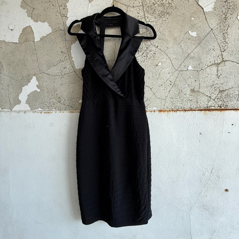 Black Cocktail Halter Dress Satin Collar Ruched Bodycon Size 8 Adrianna Papell